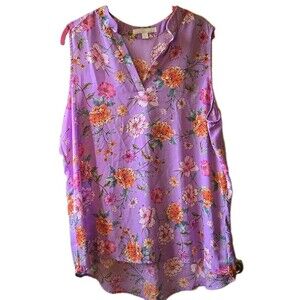 Juniper + Lime Women's Floral Blouse 1X  Lavender Flowers Sleeveless Shirt Top